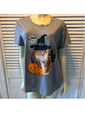 Women's Way to Celebrate! Gray Halloween Cat & Pumpkin Tee XL